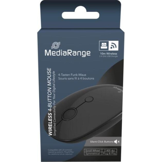 MediaRange Optical 4-Button Wireless Mouse, Scroll-Wheel, 1.000 - 2.400 dpi, Black - (MROS268)