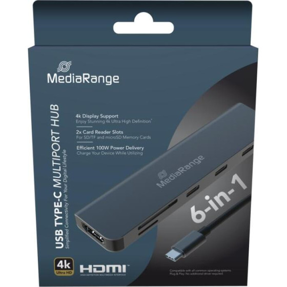 MediaRange Usb Type-C(R) 6-in-1 Multiport adapter, Silver - (MRCS519)