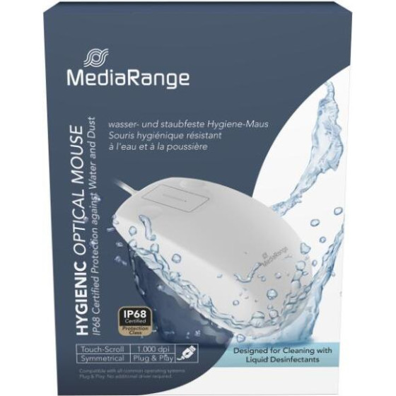 MediaRange Wired Optical 2-Button Hygienic Mouse With Touch-Scroll, 1.000 dpi, IP68, White - (MROS265)