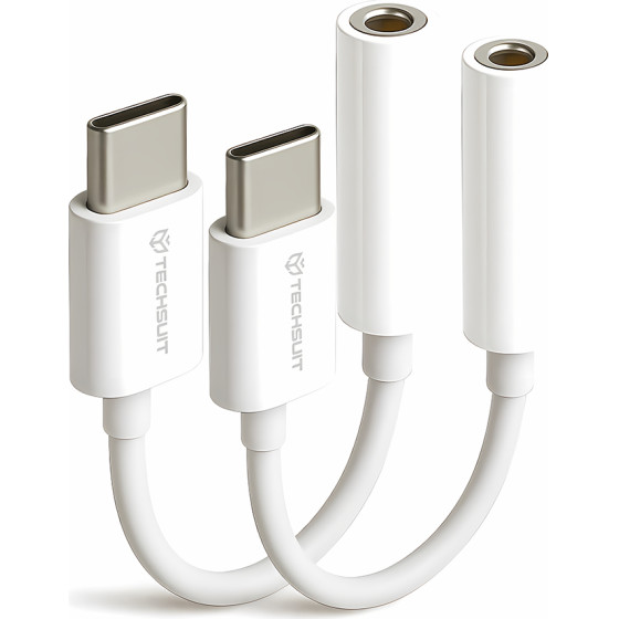Techsuit - (2 pack) Cable Adapter Musicbox (AC18) - Type-C To 3.5mm Jack, Dac Chip, 3A, Plug And Play - White