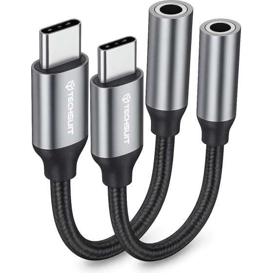 Techsuit - (2 pack) Premium Cable Adapter Fusexound (AC12) - Type-C To 3.5mm Jack, 3A, Dac Chip, Plug And Play, Braid - Gray