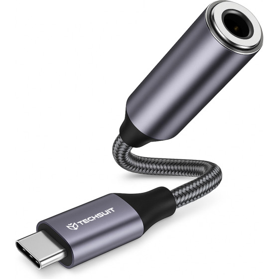Techsuit - Premium Cable Adapter Musicdox (AC8) - Type-C To Jack, Hi-Fi Sound, Dac Chip, 3A, 0.1m - Gray