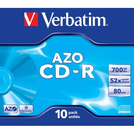 Verbatim CD-R Azo 700MB 52X 10 Pack Jewel Case Crystal Surface 43327