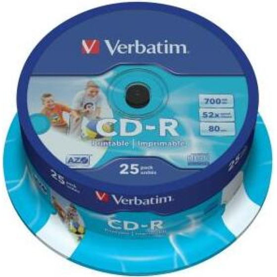 Verbatim CD-R Azo 700MB 52X 25 Pack Spindle Wide Inkjet Printable Surface 43439
