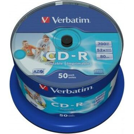 Verbatim CD-R Azo 700MB 52X 50 Pack Spindle Wide Inkjet Printable Surface 43438