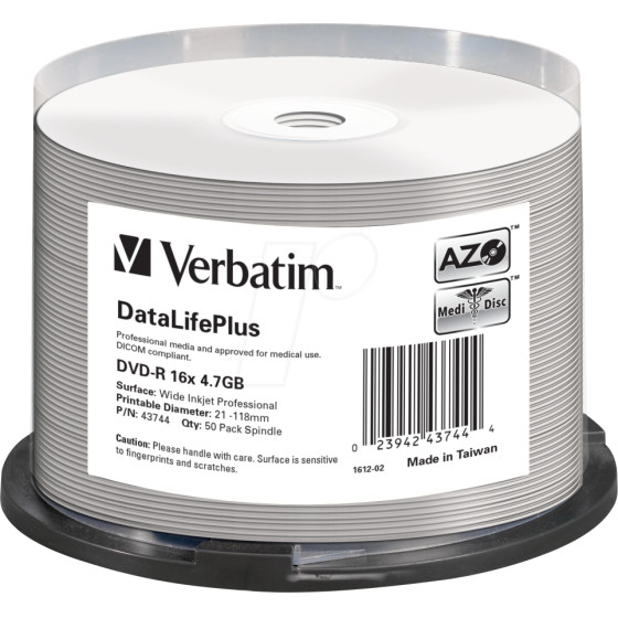 Verbatim DVD-R 4,7GB 16X 50 Pack Spindle Datalife Plus Wide Inkjet Printable Professional 43744