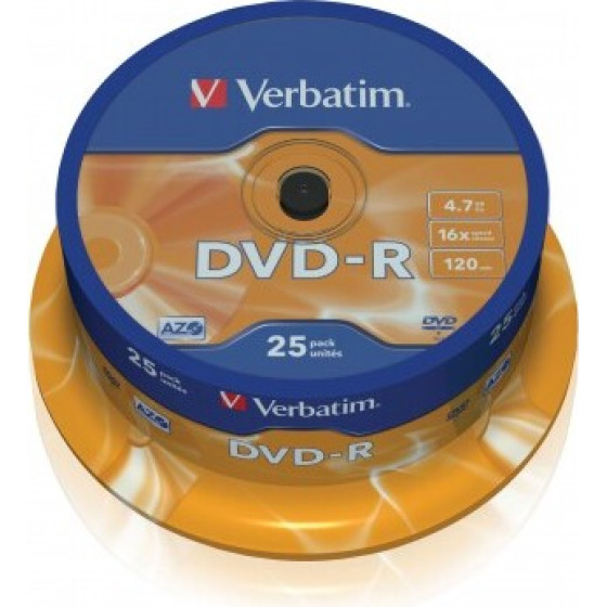 Verbatim DVD-R 4.7GB 16X 25 Pack Spindle Matt Silver Surface 43522