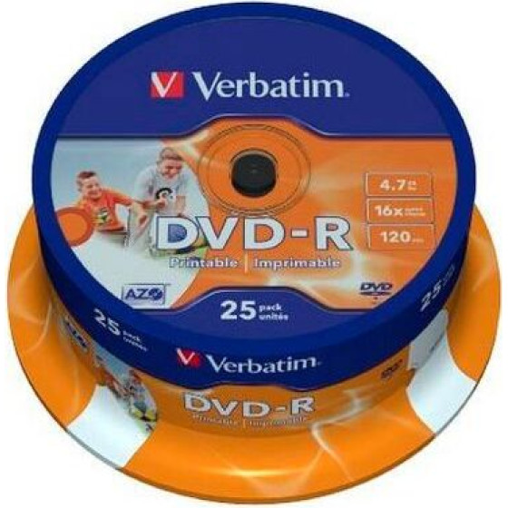 Verbatim DVD-R 4.7GB 16X 25 Pack Spindle Wide Inkjet Printable Surface 43538