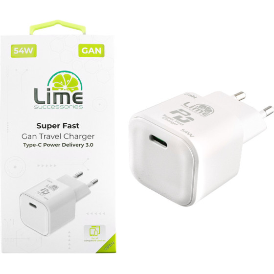 Lime Successories Lime Type C Gan Pd 3.0 Super Fast Travel LTC54W 54W 5V 4.0A/9V 4.0A/ 12V 3.5A/ 15V 3.33A/ 20V 2.7A WHITE