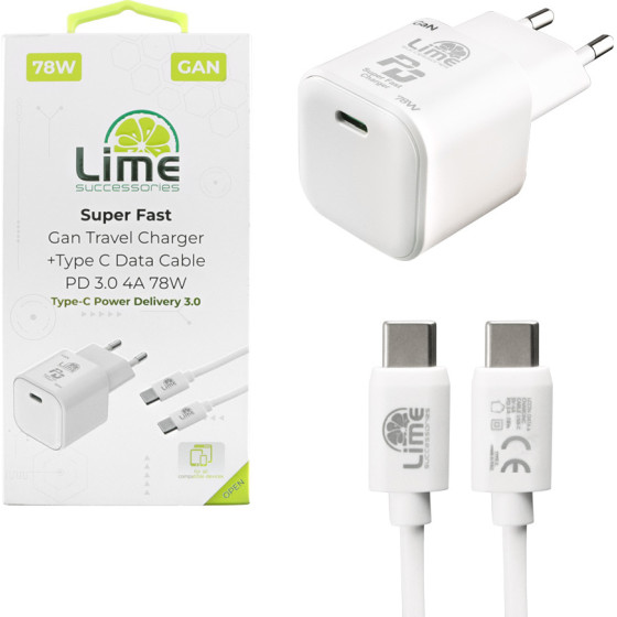 Lime Successories Lime Type C Gan Pd 3.0 Super Fast Travel LTC54W 54W 5V-9V 4.0A/12V 3.5A/20V 2.7A+��������-Data LCC04 Type C To Type C 78W WHITE