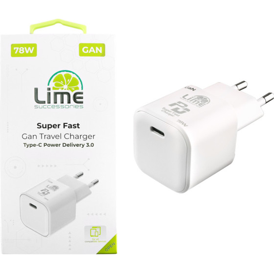 Lime Successories Lime Type C Gan Pd 3.0 Super Fast Travel LTC78W 78W 5V 4.0A /9V 4A/ 12V 4.0A/ 12V 4.0A/ 15V 4.0A/ 20V 3.9A WHITE