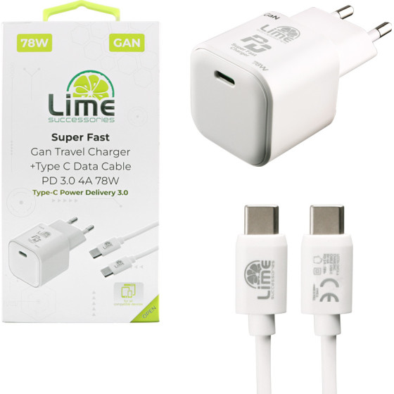 Lime Successories Lime Type C Gan Pd 3.0 Super Fast Travel LTC78W 78W 5V-15V 4.0A/ 20V 3.9A + ��������-Data LCC04 Type C To Type C 78W WHITE