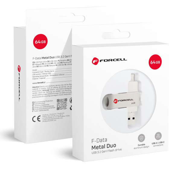 FORCELL F-Data Pendrive Metal Duo 64GB USB3.2 Gen 1 (Usb A / Type C) silver