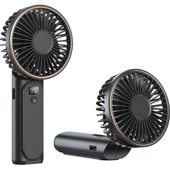 Techsuit - Premium Mini Hand Fan (M12) - With Led Digital Display, USB-C Rechargeable, 6 Wind Speeds, 5000mAh - Black - (M12;BLACK)