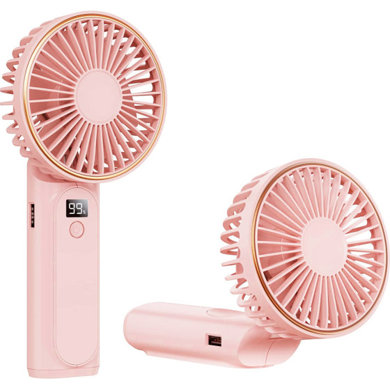 Techsuit - Premium Mini Hand Fan (M12) - With Led Digital Display, USB-C Rechargeable, 6 Wind Speeds, 5000mAh - Pink - (M12;PINK)