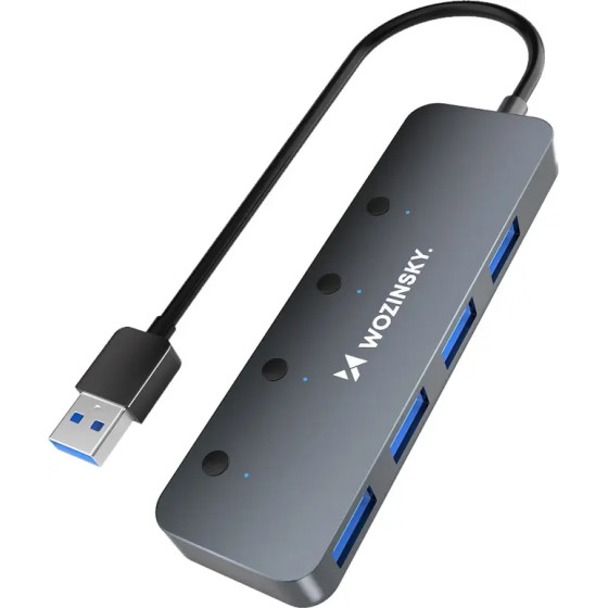 Wozinsky USB-A Hub 4 x USB-A 3.0 With Individual switches, aluminum, With 30 Cm Cable - Gray 5907769366451 - (WHS080YSS)