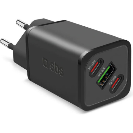 SBS Travel Charger Pd 140W Gan 3X Ports Black - (GANUSB2CPD140W)