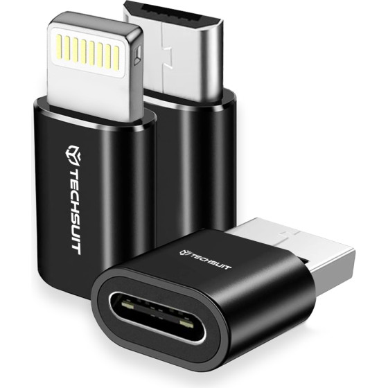Techsuit - (3 pack) Premium Otg Adapter Triflashx (A19) - 3x Type-C To USB/Micro-USB/Lightning, Aluminum Alloy - Black