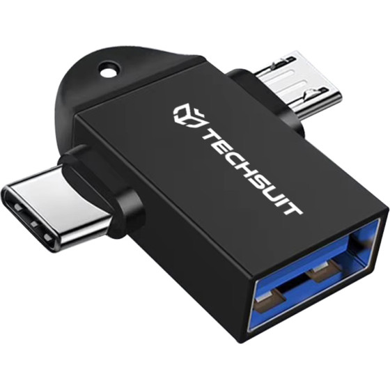 Techsuit - Otg Adapter Twovoltx (A16) - 3in1, Usb To Micro-Usb + Type-C, Plug And Play, Aluminum Alloy - Black