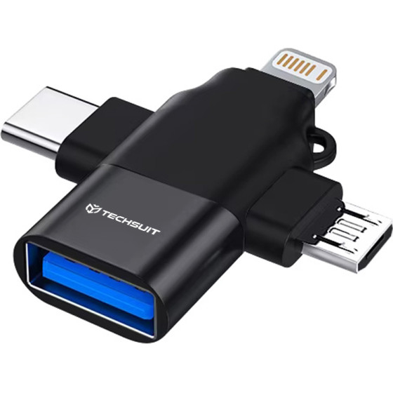 Techsuit - Premium Otg Adapter Soundvoltx (A17) - 4in1, Usb To Micro-Usb + Type-C + Lightning, Plug And Play - Black