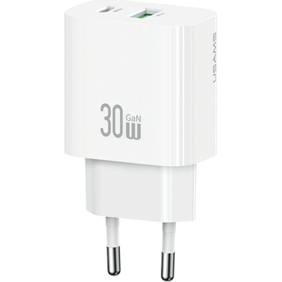 Usams Wall Charger CC316 T65 30W 1xUSB-C 1xUSB-A Fast Charging White - (CC316TC02)