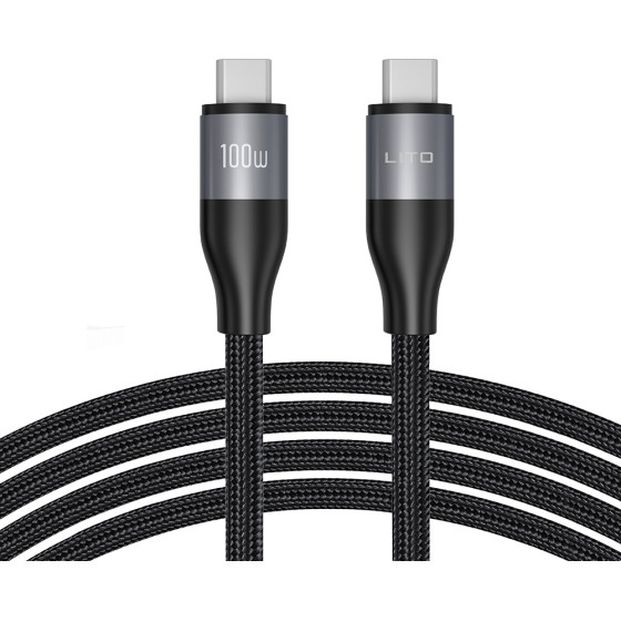 Lito - Data Cable (LD23CC) - Type-C To Type-C, Fast Charging, Braided Nylon, 100W, 480 Mbps, 1m - Grey