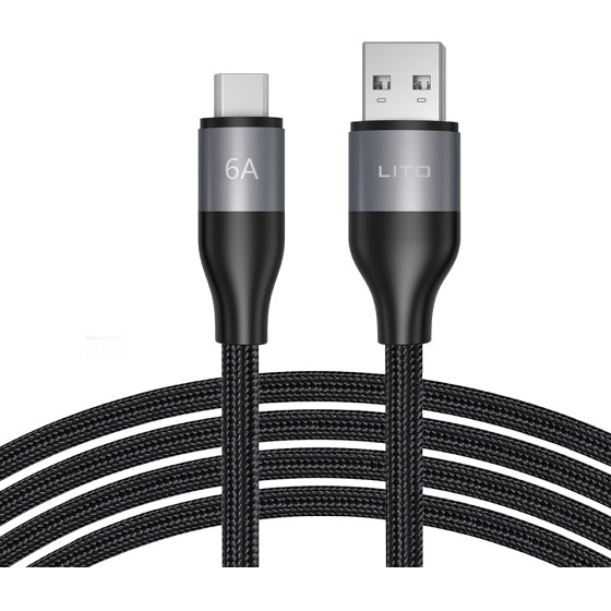 Lito - Data Cable (LD23T) - Usb To Type-C, Fast Charging, Braided Nylon, 6A, 480 Mbps, 1m - Grey