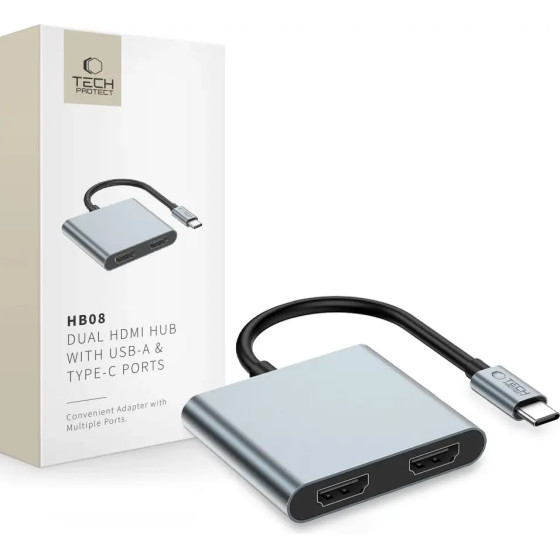 Tech-Protect HB08 4in1 USB-C + USB2.0 + 2 x Hdmi 4K 60HZ Adapter - Gray - (28097-0)