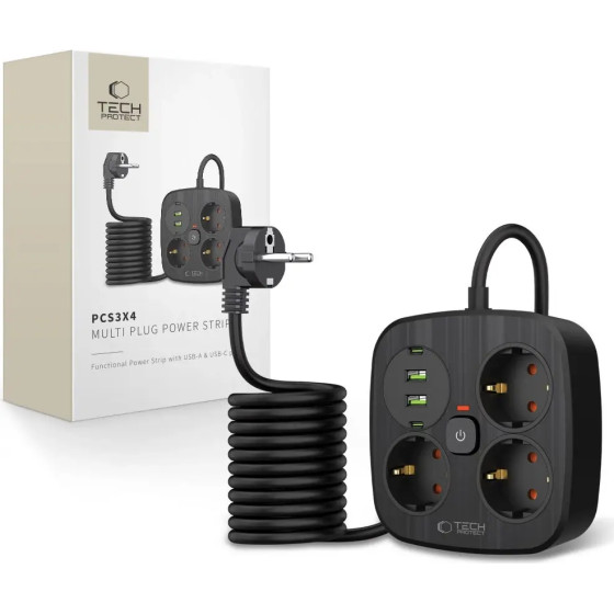 Tech-Protect PCS3X4 Power strip, 3 sockets, 2xUSB-A, 2xUSB-C 200 Cm - Black - (27744-0)