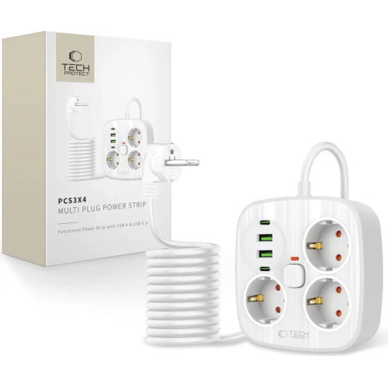 Tech-Protect PCS3X4 Power strip, 3 sockets, 2xUSB-A, 2xUSB-C 200 Cm - White - (27745-0)