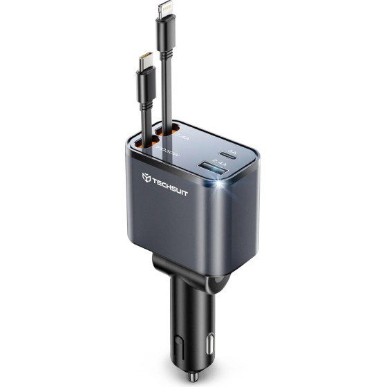 Techsuit - Premium Car Charger Nanovoltx (C1) - With Retractable USB-C, Lightning Cables, Usb 2.4A, PD30W, 69W, 180� - Gray