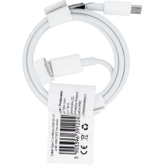 Cable Usb C To Micro Usb QC3.0 2,4A 18W C972 1 m White OEM