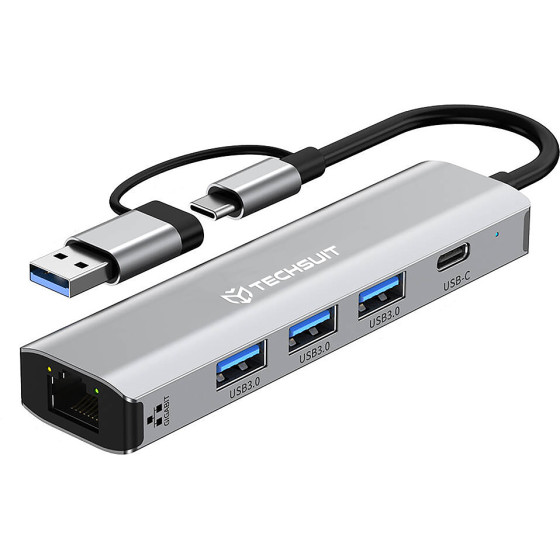 Techsuit - Docking Station Boostnetlink 5 In 1 (H3) - Usb 3.0. USB-C To 3x USB, Type-C, Ethernet RJ45, 1000MBps - Gray - (TYCB077;H3)