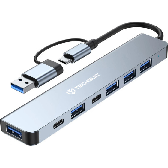 Techsuit - Docking Station Databridge 7 In 1 (H6) - USB, Type-C To Usb 3.0, 4x Usb 2.0, 2x Type-C - Gray - (TYCB025;H6)