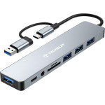 Techsuit - Docking Station Databridge 8 In 1 (H9) - USB, Type-C To 4x USB, Type-C, 3.5mm Jack, TF/Sd Card - Gray - (TYCB098;H9)