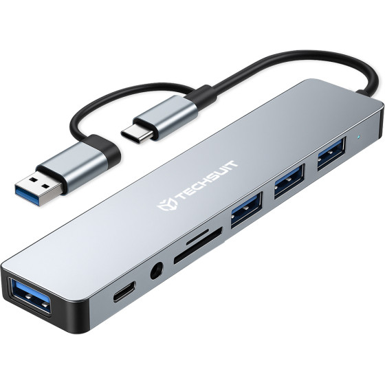 Techsuit - Docking Station Databridge 8 In 1 (H9) - USB, Type-C To 4x USB, Type-C, 3.5mm Jack, TF/Sd Card - Gray - (TYCB098;H9)