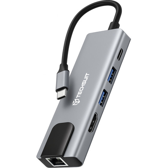 Techsuit - Docking Station Netbridge 5 In 1 (H1) - Type-C To 1x USB2.0, 1x USB3.0, 1x Type-C, 1x HDMI, 1x RJ45, PD87W, 4K@30Hz - Gray - (TYCB014;H1)