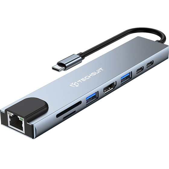 Techsuit - Docking Station Netbridge 8 In 1 (H2) - Type-C To 2x Type-C, 2x USB, HDMI, RJ45, TF/SD, 4K@30Hz, PD87W - Gray - (TYCB042;H2)