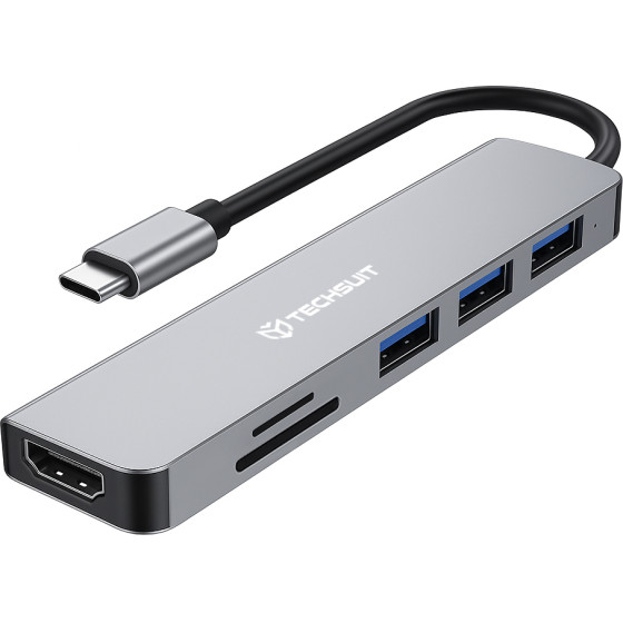 Techsuit - Docking Station Turbochargex 6 In 1 (H5) - Type-C To 2x USB, Type-C, HDMI, TF/Sd Card, PD87W, 4K@30Hz - Gray - (TYCB024;H5)