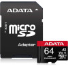 Adata - Memory Card - Microsdxc With Adapter, Class 10, UHS-I U3, V30, 64GB, Read 100MB/s - Black - (AUSDX64GUI3V30SHA2)