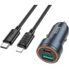 Hoco Car Charger Usb A + Usb C QC3.0 Pd 30W + Cable Usb C To Lightning Z57A black