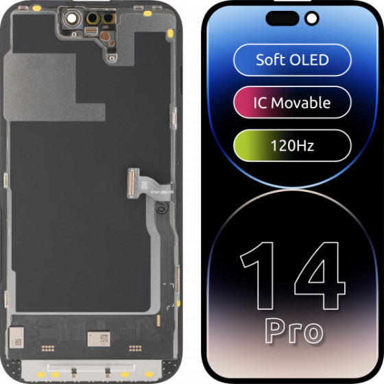 MP Lcd Display Module For Apple Iphone 14 Pro, Soft Oled Ic Movable 120Hz Fhd Version, Black