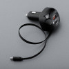 FORCELL F-Energy Alu Car Charger With Retractable Cable Type C And Type C + Usb A Sockets Pd QC4.0 SFC2.0 3A 75W black