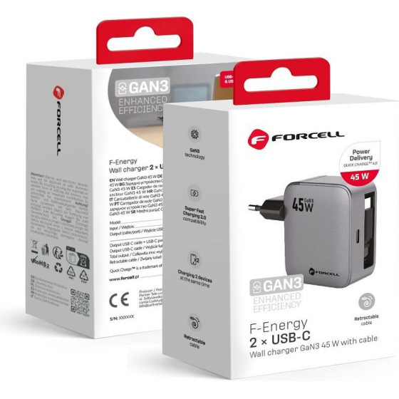 FORCELL F-Energy Gan Iii VT-R5 Travel Charger With Retractable Cable Type C And Type C Charging Port Pd QC4.0 3A 45W gray