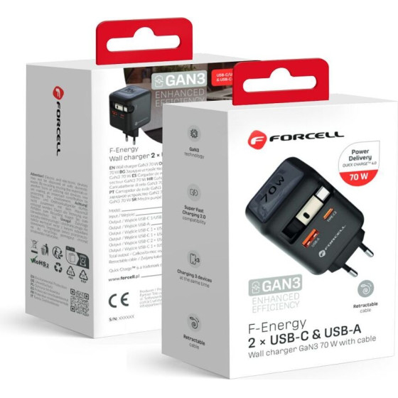 FORCELL F-Energy Gan Iii VT-R7 Travel Charger With Retractable Cable Type C And 1x Type C, 1x Usb A Charging Ports Pd QC4.0 3A 70W gray