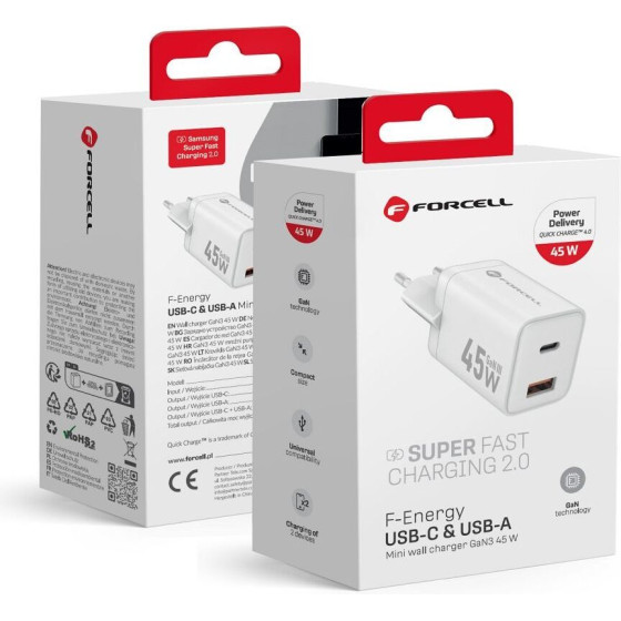 FORCELL F-Energy Mini Gan Iii VT-36 Travel Charger With 1 x Type C + 1x Usb A sockets, Pd QC4.0 45W white