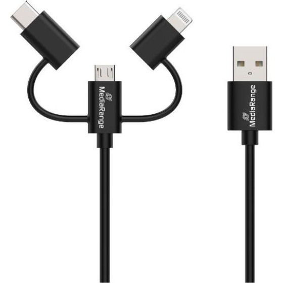 MediaRange 3-in-1 Charge And Sync Cable, Micro USB, Usb Type-C(R) And Apple Lightning(R) Connectors, Usb 2.0 480 Mbps, 12W max., 1.0m, Black - (MRCS246)
