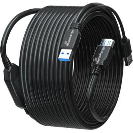 MediaRange Active Usb Extension Cable, 2x USB-A Plug To 1x USB-A Socket, 1x Repeater, Usb 3.0, 5 Gbps Data Transfer Rate, 10m, Black - (MRCS243)
