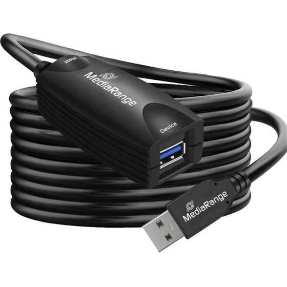 MediaRange Active Usb Extension Cable, USB-A Plug To USB-A Socket, 1x Repeater, Usb 3.0, 5 Gbps Data Transfer Rate, 5m, Black - (MRCS242)