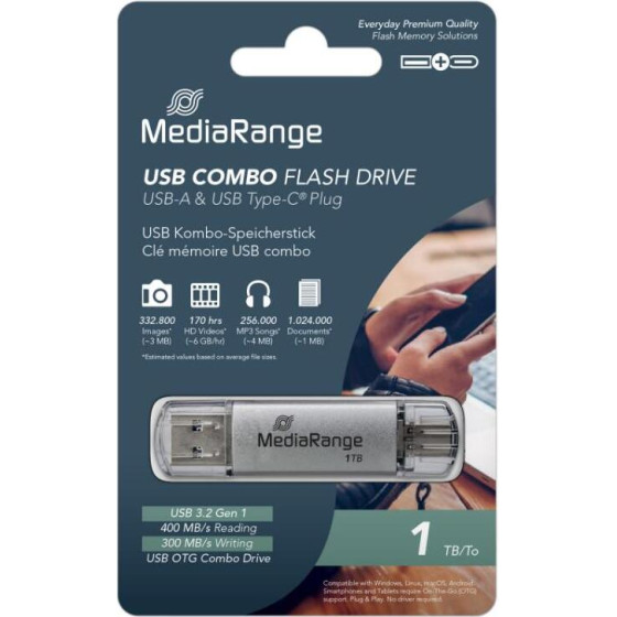 MediaRange Usb 3.2 Gen 1 Combo Flash Memory Drive With USB-A And USB-C(R), With Protective Caps, Silver, 1TB - (MR941-1)